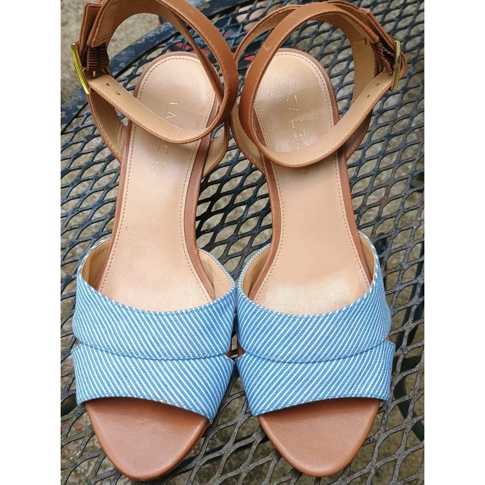 Talbots Blue White Stripe Wedge Dress Sandals Heel Strap Size 7 1/2 M Summer Fun